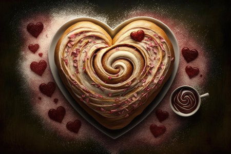 heart-shaped cinnamon roll surrounded by heart-shaped sprinkles, created with generative aiの素材