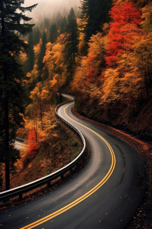 scenic winding road through a fall forest, created with generative aiの素材