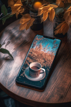close-up of smartphone on wooden table with coffee, created with generative aiの素材