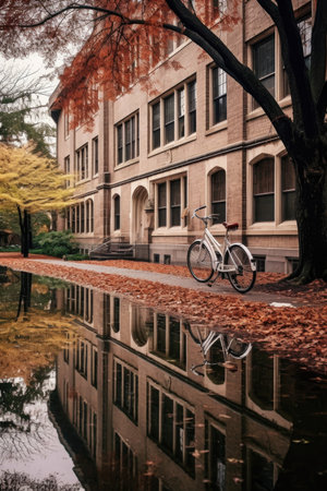 bicycle parked outside a college building, created with generative aiの素材