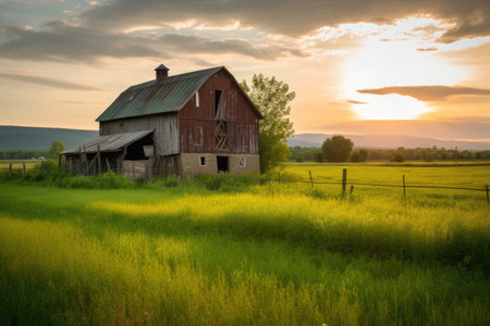 rustic barn with the golden light of sunset, surrounded by green pastures, created with generative aiの素材
