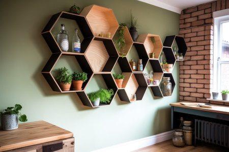 hexagonal beehive shelves on a wall, created with generative aiの素材