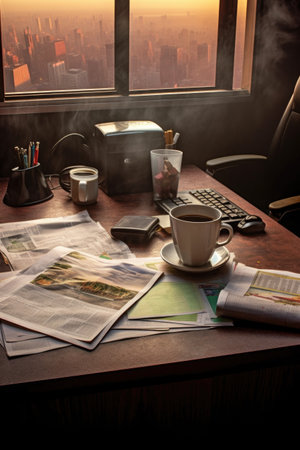 office desk with hr documents and coffee mug, created with generative aiの素材