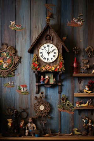 cuckoo clock hanging on a wooden wall, created with generative aiの素材