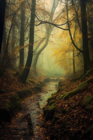 misty morning in a peaceful autumn forest, created with generative aiの素材