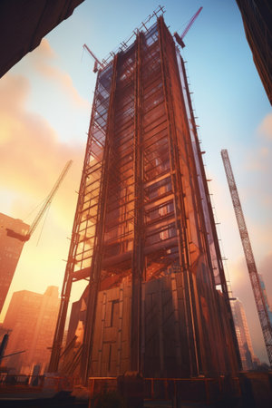 skyscraper construction with steel beams in sunset light, created with generative aiの素材