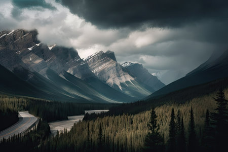 majestic mountain range, with clouds hovering above, and road winding through the mountains, created with generative aiの素材