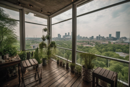 breathtaking view of the city and the window garden on a balcony, created with generative aiの素材