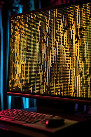 binary code streaming on a computer screen, created with generative aiの素材