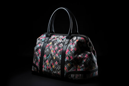 trendy print handbag against black background, created with generative aiの素材