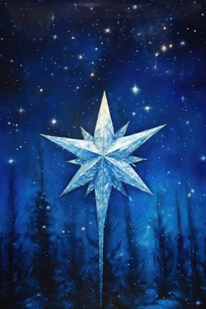 sparkling christmas star on a blue, snowy night, created with generative aiの素材