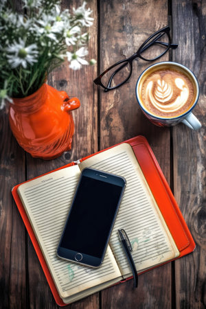 smartphone on wooden table with coffee and notebook, created with generative aiの素材