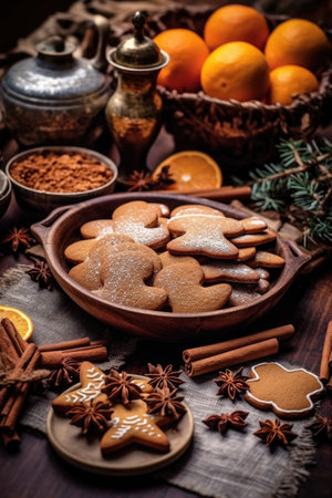 gingerbread cookies and holiday spices on a table, created with generative aiの素材