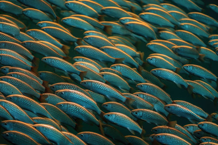 fish swimming in school, creating mesmerizing pattern, created with generative aiの素材