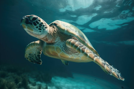 sea turtle swimming in clear blue water, its fins and flippers moving smoothly, created with generative aiの素材