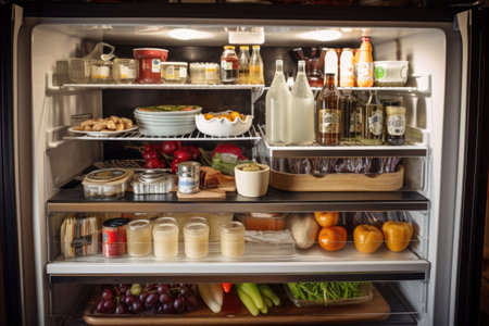 refrigerator filled with food and drinks for large party or event, created with generative aiの素材