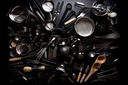 a collection of cooking utensils, ranging from knives to spoons, on a black background, created with generative aiの素材