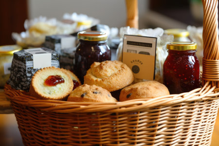 basket of freshly-baked muffins and scones, with a selection of jams and jellies, created with generative aiの素材