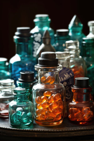 close-up of prescription medicine bottles, created with generative aiの素材