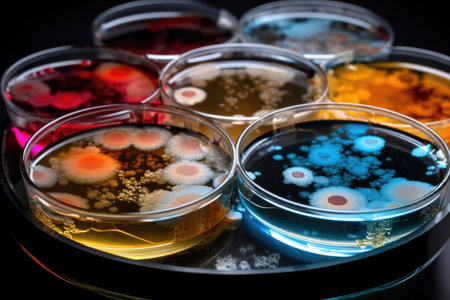 microbial culture of bacteria with multiple generations visible, growing and dividing, created with generative aiの素材