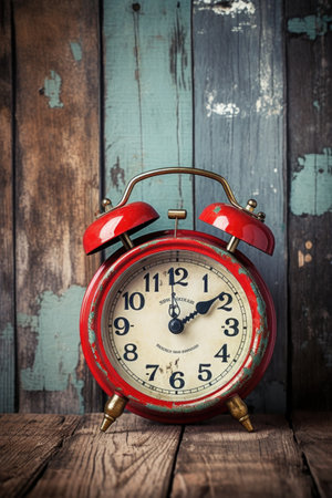 vintage alarm clock on rustic wooden background, created with generative aiの素材