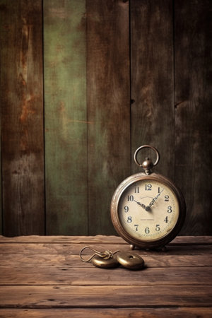 antique pocket watch on rustic wooden table, created with generative aiの素材