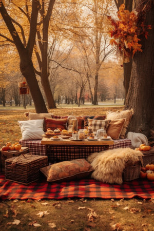 a cozy fall-themed picnic setup in a park, created with generative aiの素材