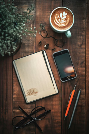 smartphone on wooden desk with coffee and notepad, created with generative aiの素材