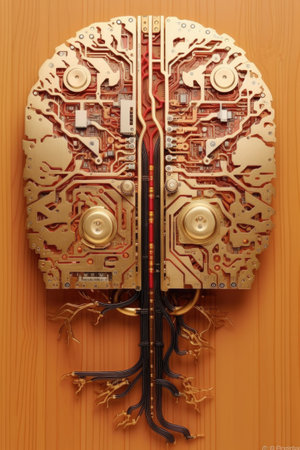 brain-shaped circuit board illustrating artificial intelligence, created with generative aiの素材