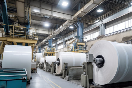 pulp and paper factory, with huge machines producing endless rolls of paper, created with generative aiの素材