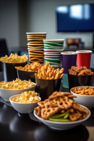 coffee cups and snacks on a table during a meeting, created with generative aiの素材