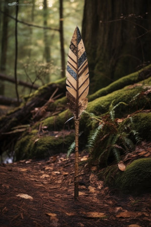 wooden arrow with rustic feathers on a forest floor, created with generative aiの素材