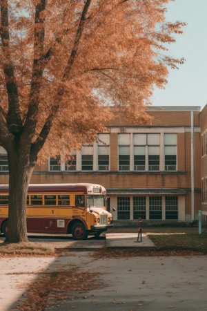 school bus parked near a school building, created with generative aiの素材