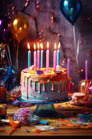 birthday cake with colorful candles on a table, created with generative aiの素材