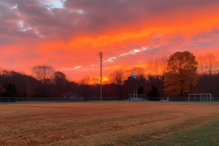 sunset over athletic field, with vibrant orange and pink skies, created with generative aiの素材