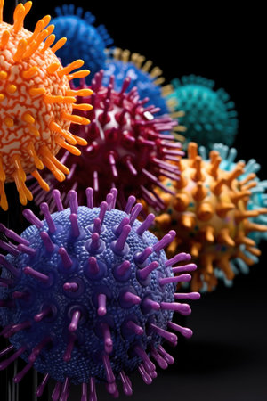 close-up of covid-19 virus model in various colors, created with generative aiの素材