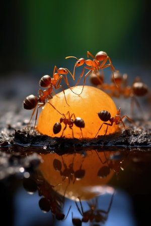 team of ants working together to carry food, created with generative aiの素材