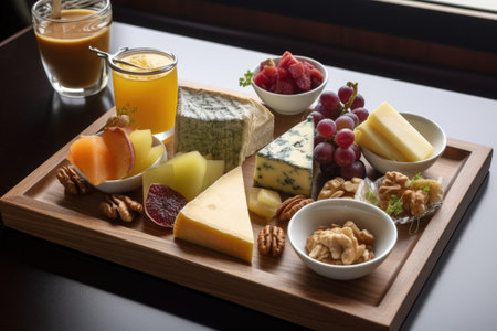 artisanal cheese plate with variety of accompaniments, such as fruit and nuts, created with generative aiの素材