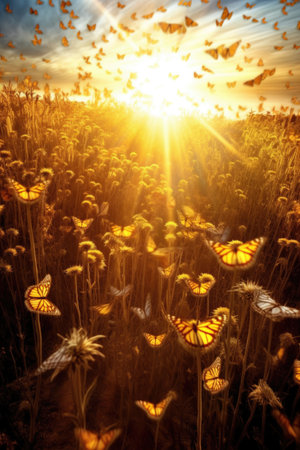 monarch butterfly migration in a sunlit field, created with generative aiの素材