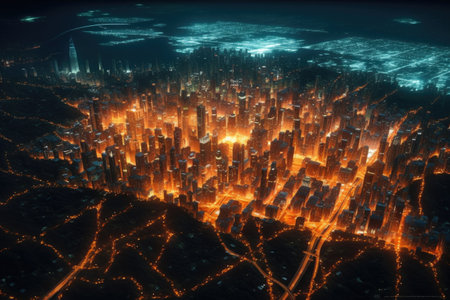 aerial view of city grid with lit-up streets, created with generative aiの素材