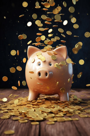 piggy bank with coins falling into it, created with generative aiの素材