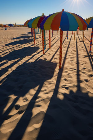 colorful beach umbrellas casting shadows on the sand, created with generative aiの素材