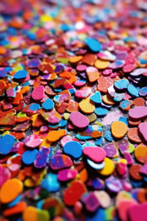 macro shot of vibrant confetti on a glittery surface, created with generative aiの素材
