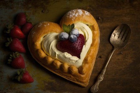 heart-shaped danish pastry with a fruit filling surrounded by cream cheese, created with generative aiの素材