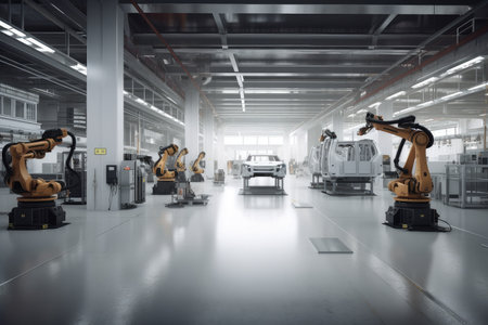 factory floor, with robotic arms and self-driving vehicles working in unison to produce products, created with generative aiの素材
