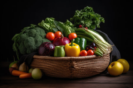 basket overflowing with fresh fruits and veggies, arranged in natural and minimalistic style, created with generative aiの素材