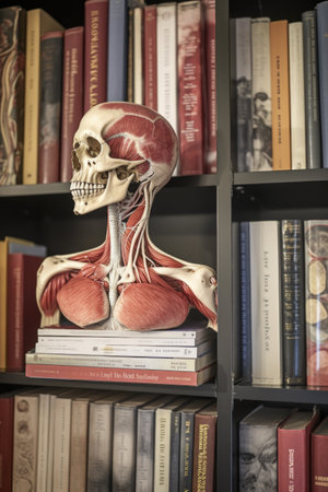 close-up of a medical textbook on a shelf, created with generative aiの素材