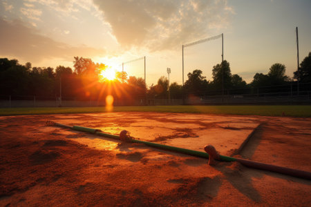 a baseball field with the sun setting in the background, bat and ball on the ground, created with generative aiの素材