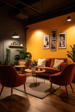 networking area with comfortable seating and coffee, created with generative aiの素材