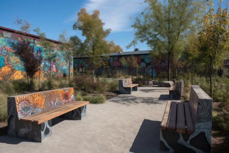 park, filled with vibrant murals and graffiti art, bringing life and color to the community, created with generative aiの素材